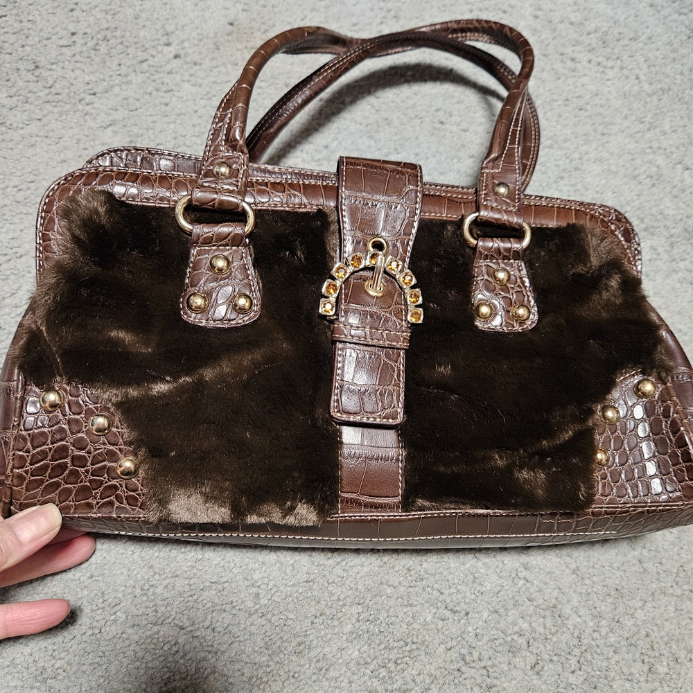 Kathy Van Zeeland Brown Faux Fur Shoulder Bag With Matching Wallet